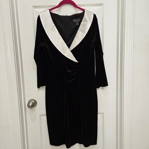 Vintage 90s Black Velvet Tuxedo Dress Womens Size 14 Ruched Long Sleeve Stretch